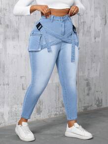 SHEIN SXY Plus Size Mid-Waist Stretch Denim Skinny Pants With Pockets - Light Wash - View 6