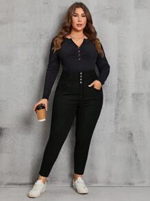 SHEIN Privé Plus Size High Waisted Skinny Solid Color Casual Jeans - Black - View 6