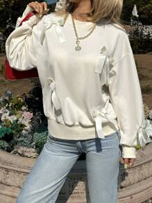 Chiquease Casual Bow Decor Drop Shoulder Sweatshirt, Autumn/Winter Pullover Fall Sweatshirt - Beige - View 1