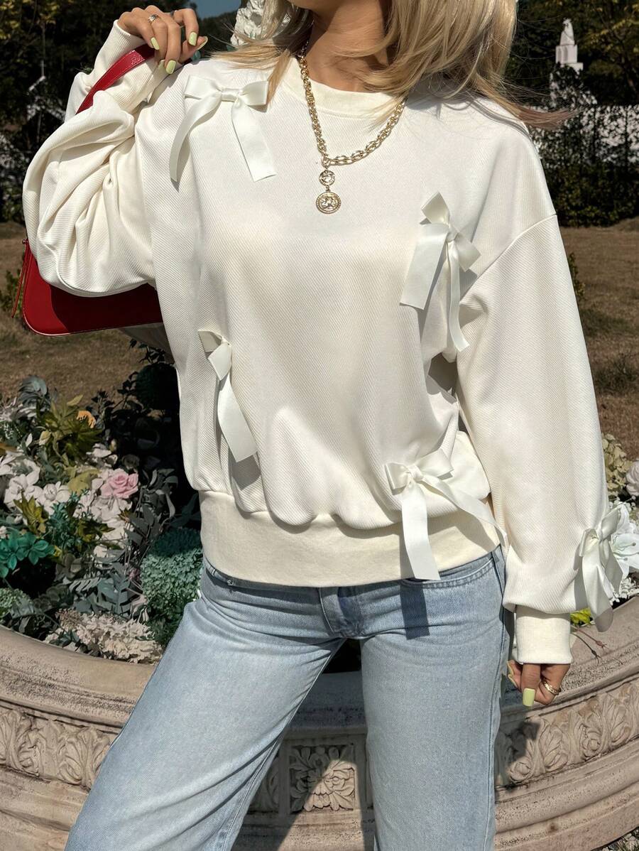 Chiquease Casual Bow Decor Drop Shoulder Sweatshirt, Autumn/Winter Pullover Fall Sweatshirt - Beige - View 1