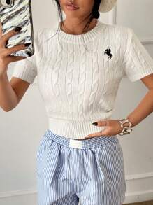 SHEIN Unity Women's Knight Pattern Round Neck Short Sleeve Casual Knit Top - White - View 4