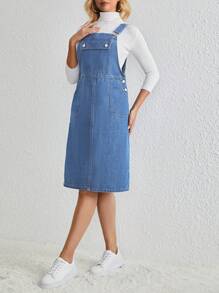 SHEIN 女式休闲洗水牛仔吊带连衣裙 - 淺色水洗藍 - 查看 3