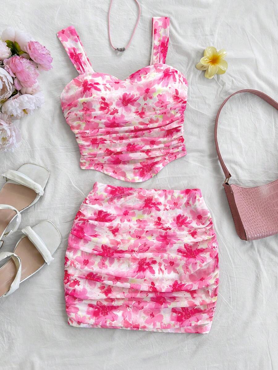 Soleia Women Pink Tie Dye Ditsy Floral Bodycon Camisole And Mini Skirt Two-Piece Set, Suitable For Vacation, Date, Afternoon Tea, Party Valentine's Day