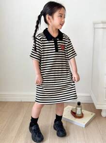 DAZY 年轻女孩条纹短袖休闲日常简约连衣裙，女孩夏季服装 - 黑與白 - 查看 7