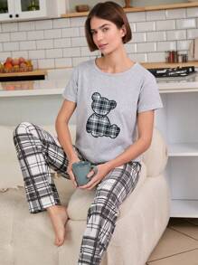 RueChic Valentine's Day Couple Plaid Bear Pattern Shirt And Plaid Pattern Bottom Set - Grey - View 5