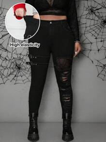 SHEIN CURVE+ Plus Size Women's Spiderweb Print Black Stretch Jeans - Black - View 1