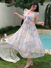 DAZY 女式中长款花卉印花盖袖网眼连衣裙