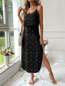 SHEIN LUNE Rochie slip cu imprimeu inimioare colorata de baza neagra de primavara, rochie lunga pentru femei, romantica pentru intalnirea de Ziua Indragostitilor - Negru - Vizualizare 2