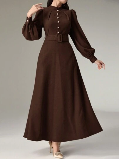 Heiryn 女式立领纽扣设计长袖优雅连衣裙