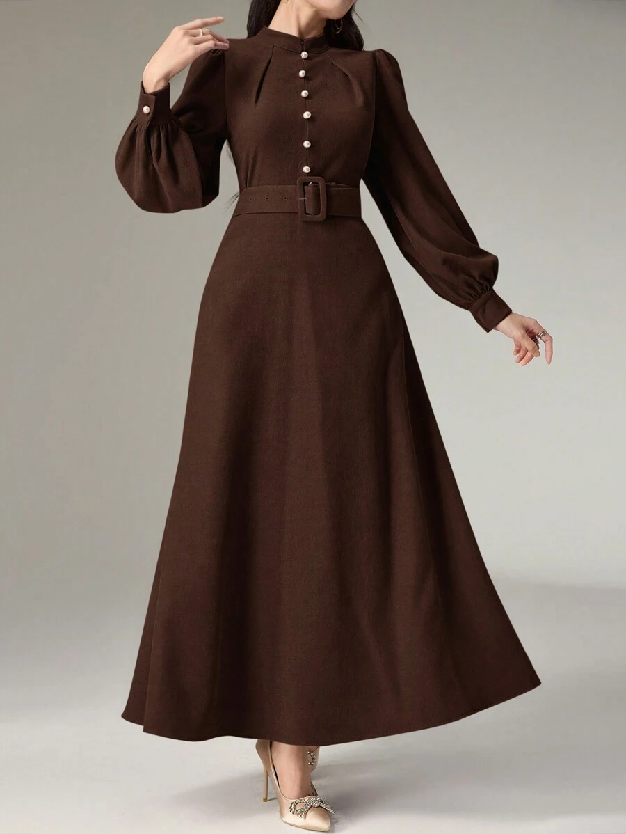 Heiryn Women's Stand Collar Button Design Long Sleeve Elegant Dress - Coffee Brown - View 1