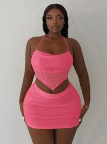 Slaydiva Sexy Vacation Spaghetti Strap Tube Top & Ruched Bodycon Mini Skirt 2 Pieces Set - Watermelon Pink - View 4