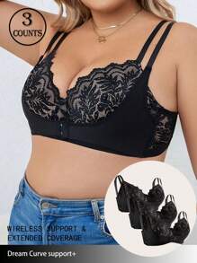 Set de 2 piezas de lencería con sujetador con aros y patchwork de encaje para tallas grandes - Negro - Ver 3
