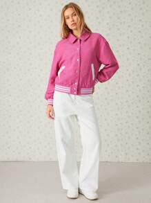 Easelle Chaqueta bomber casual de ajuste holgado para mujer, de pana rosa con estilo universitario, para otoño/invierno