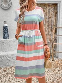 Faunlyn Vestido casual de mujer con rayas, cordón en la cintura y bolsillo en diagonal para el verano - Azul Marino - Ver 7