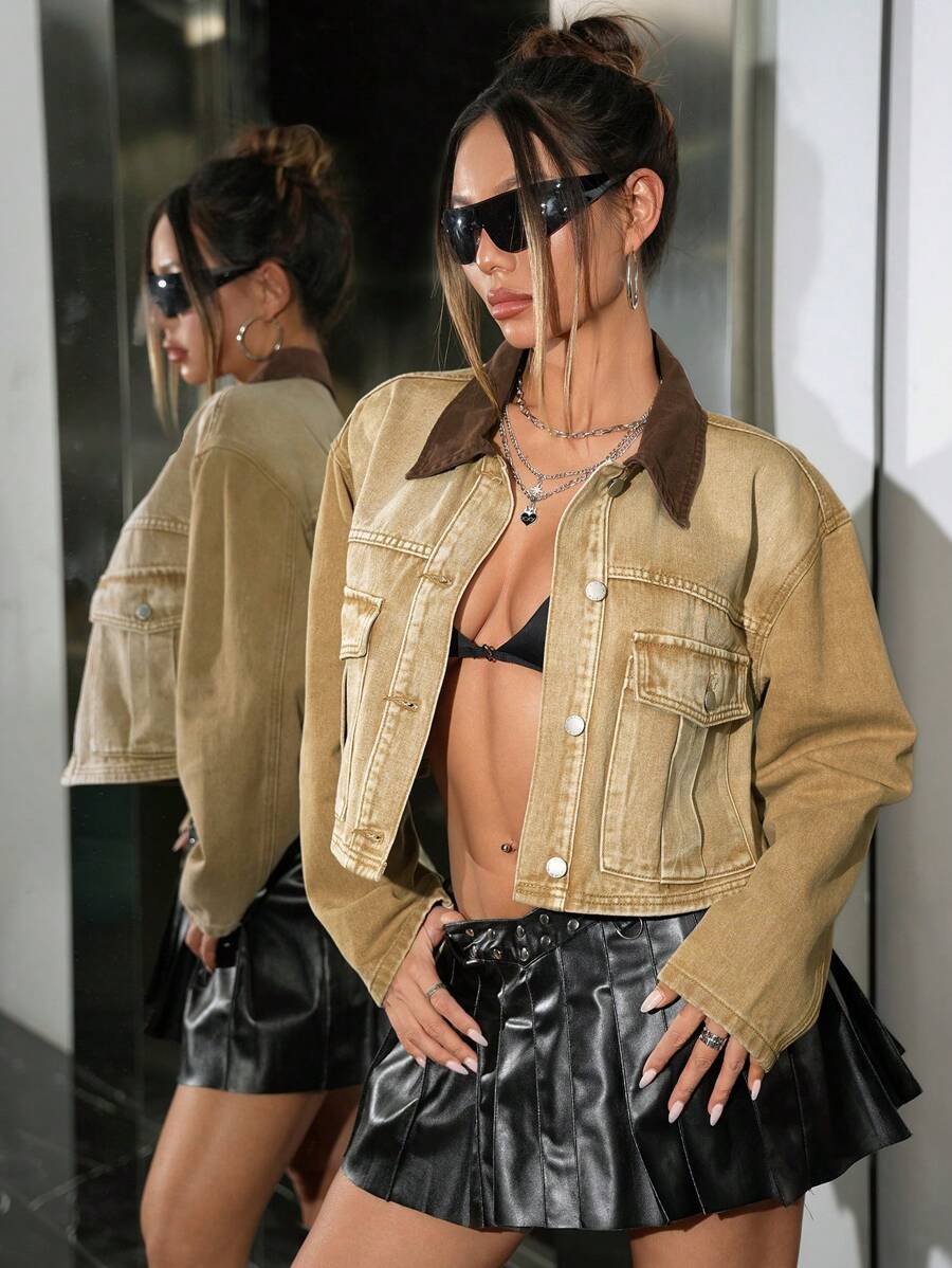 SHEIN ICON Chaqueta de tela vaquera de manga larga, de un solo abotonado, con parches, de estilo casual para otoño, para mujer - Caqui - Ver 1