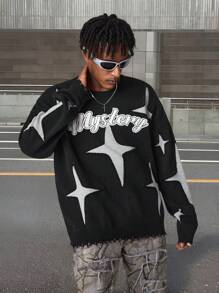 Manfinity EMRG Gebreide herensweater met letter- en sterrenprint, ronde hals en lange mouwen