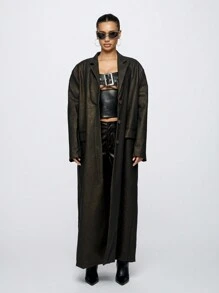 SUMWON WOMEN 超大全长 PU 皮革矩阵风格风衣秋冬时尚长款夹克纽扣前襟设计师外套 - 黑色 - 查看 1