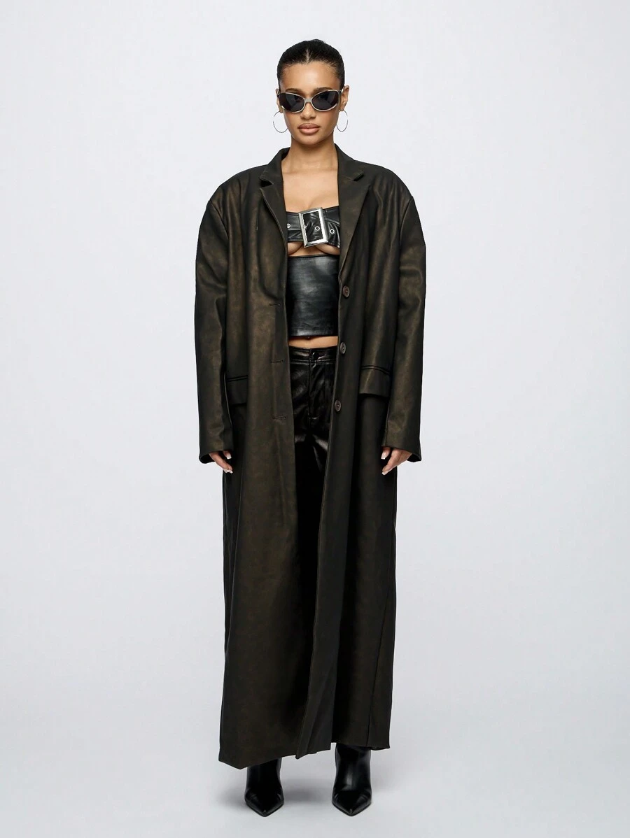 SUMWON WOMEN 超大全长 PU 皮革矩阵风格风衣秋冬时尚长款夹克纽扣前襟设计师外套 - 黑色 - 查看 1