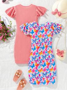 SHEIN 2pcs/Set Girls Casual Butterfly Print Round Neck Double Layer Ruffle Sleeve Knit Dress