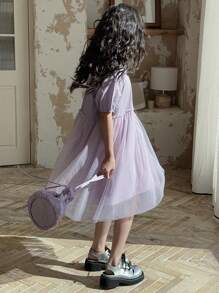 DAZY Tween Girl Summer Short Sleeve Mesh Trim Collared Dress