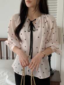 DAZY Polka Dot Long Sleeve Round Neck Drawstring Bowknot Decor Women's Blouse, Summer,Fall Clothes