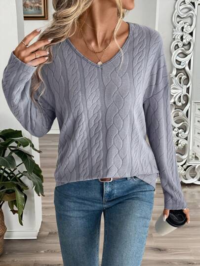 EMERY ROSE Spring Solid V Neck Drop Shoulder Waffle Knit Tee