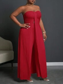 Slaydiva Plus Size Women 2 Pieces Set - Tropical Print Sleeveless Cropped Front-Slit Flowy Top & Solid Black Maxi Wide Leg Pants, For Everyday, Holiday And Elegant Wear, Spring/Summer