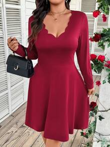 SHEIN Clasi Đầm bó sát dệt kim viền gợn sóng màu đỏ cỡ lớn cho nữ, vừa vặn thoải mái, ngày lễ tình nhân mùa xuân/hè - Đỏ - Xem 1