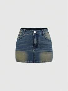 ROMWE Grunge Punk Minifalda de mezclilla con bordado de cruz y decoración de rhinestones para mujer, estilo Y2K - Multicolor - Ver 3