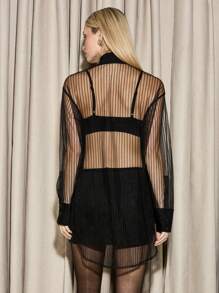 AiiRZ Sheer Stripe Longline Blouse Shirt - Black - View 2