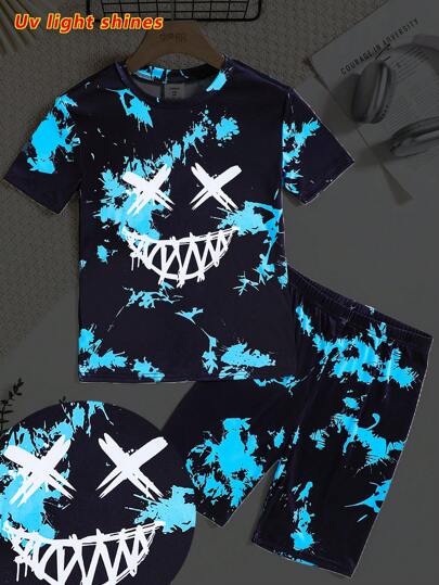 SHEIN 青少年男孩卡通图案圆领短袖 T 恤和短裤柔软舒适亲肤休闲家居服睡衣套装