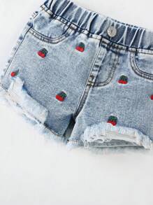 女婴可爱樱桃刺绣破洞牛仔短裤
