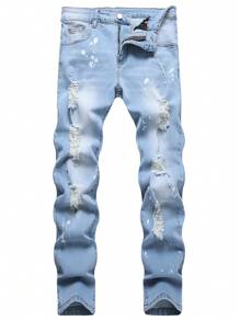 Manfinity Hypemode Men's Casual Distressed Skinny Fit Washed Denim Jeans - Light Wash - View 1