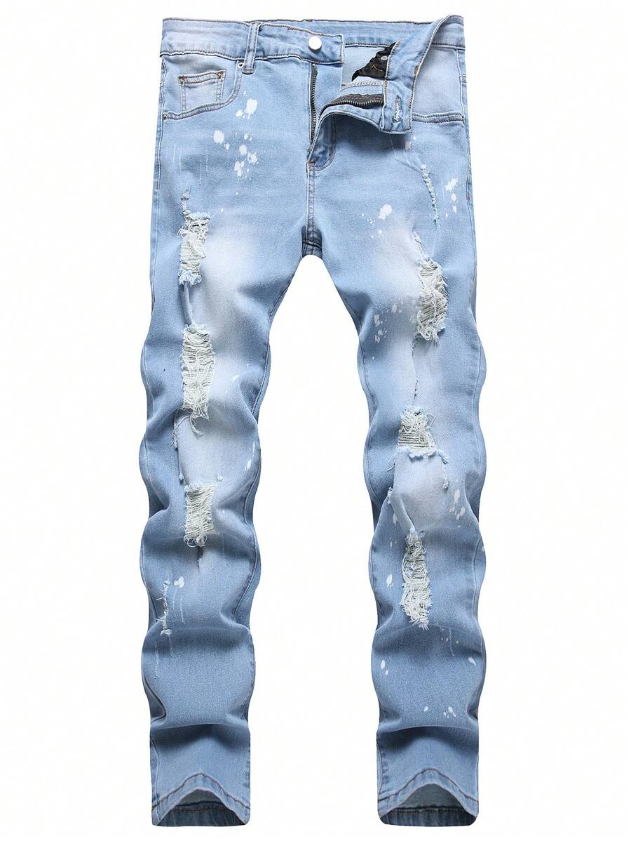 Manfinity Hypemode Men's Casual Distressed Skinny Fit Washed Denim Jeans - Light Wash - View 1