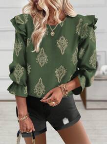 SHEIN Clasi Blusa casual de manga larga y manga abullonada con cuello con volantes bordados de lino para mujeres