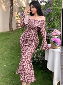 DAZY Valentine's Day Ditsy Floral Allover Print Flare Sleeve Mesh Bodycon Fishtail Wrap Shoulder Dress,Ruffle Off Shoulder Top