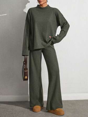 Plus Size Rib Knit Green Top And Pants Set