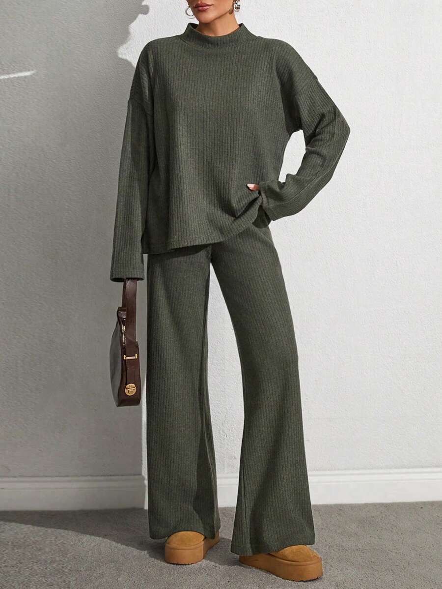EURMUSE Rib Knit Green Top And Pants Set - Army Green - View 1