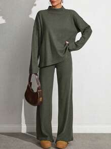 EURMUSE Rib Knit Green Top And Pants Set - Army Green - View 5