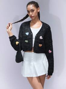 Aveloria Affinna Cárdigan corto casual de estilo estadounidense y romántico con corazón hueco 3D negro para mujeres