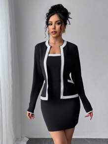 Chiquease Conjunto de vestido tubo sin mangas con patchwork y chaqueta de manga larga, estilo casual para mujer - Negro - Ver 6