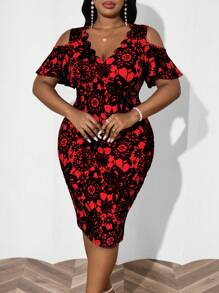 SHEIN Lady Plus Size Women Casual Cold Shoulder Ruffle Neck Bodycon Elegant Dress - Red - View 4