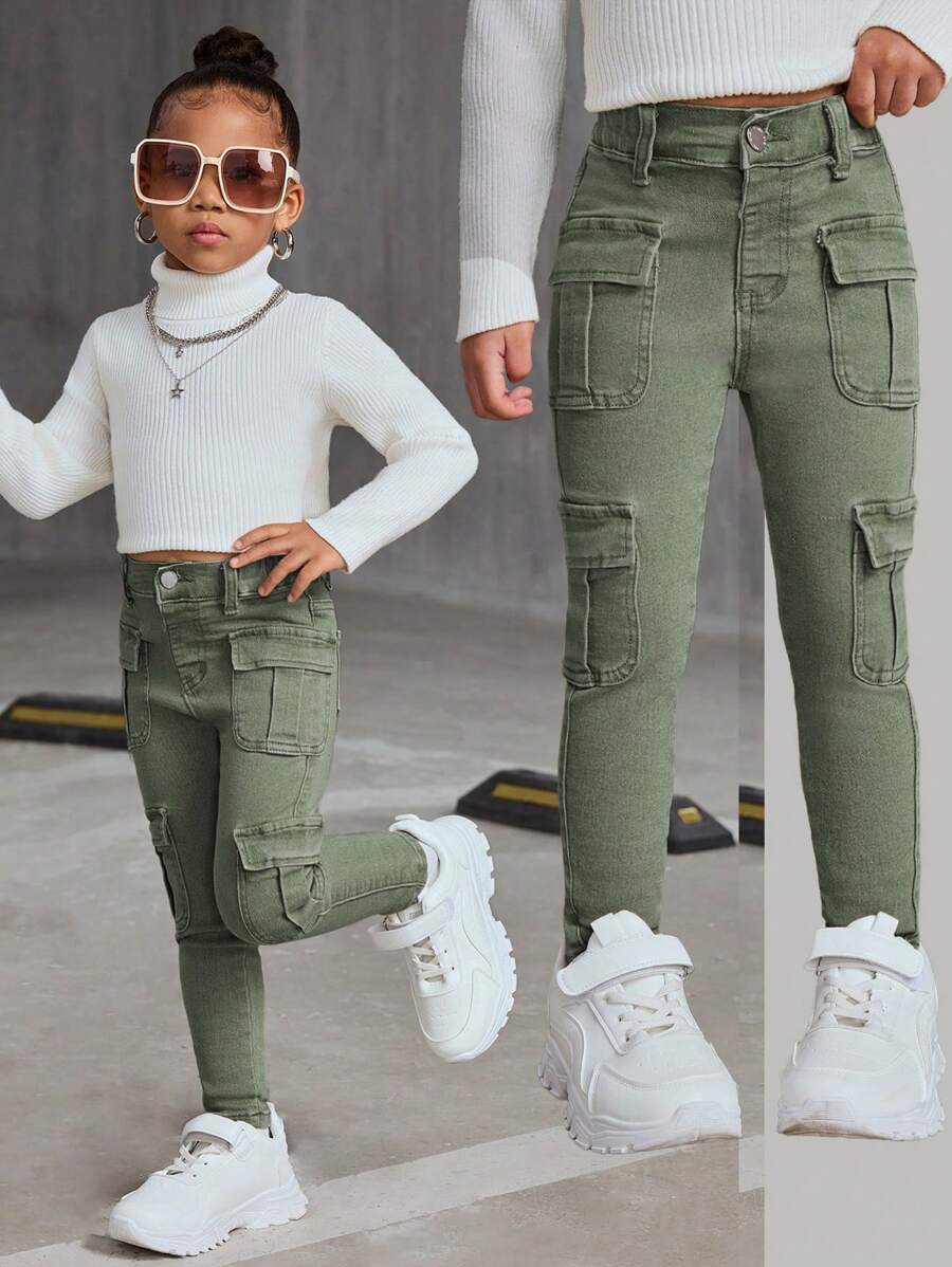 SHEIN Y2K 街头酷炫风牛仔弹力修身工装裤，适合年轻女孩春夏休闲度假乡村波西米亚风穿搭，也适合年轻女孩海滩度假和西部街头风格穿着。 - 軍綠色 - 查看 1