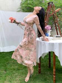 DAZY 女士印花修身收腰中长连衣裙度假装扮 - 粉色 - 查看 8