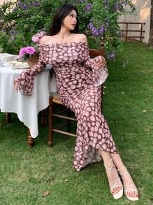 DAZY Valentine's Day Ditsy Floral Allover Print Flare Sleeve Mesh Bodycon Fishtail Wrap Shoulder Dress,Ruffle Off Shoulder Top