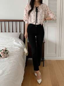 DAZY Polka Dot Long Sleeve Round Neck Drawstring Bowknot Decor Women's Blouse, Summer,Fall Clothes