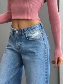 EURMUSE WOMEN STRAIGHT LOW WAIST JEANS - Light Wash - View 5