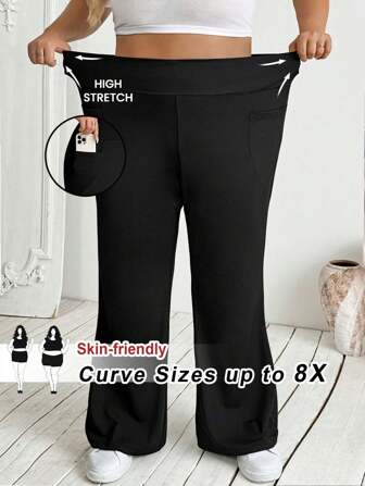 SHEIN CURVE+ 大码女式秋冬返校休闲家居服家居服瑜伽舒适户外纯黑色针织松紧腰高腰口袋喇叭腿裤，带口袋的紧身裤
