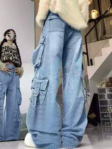 Pantalones rectos de pierna ancha con bolsillos anchos y pesados para mujer - Lavado ligero - Ver 2