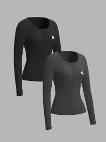 SHEIN EZwear 女士长袖合身前扣基本款上衣，休闲日常穿着春季